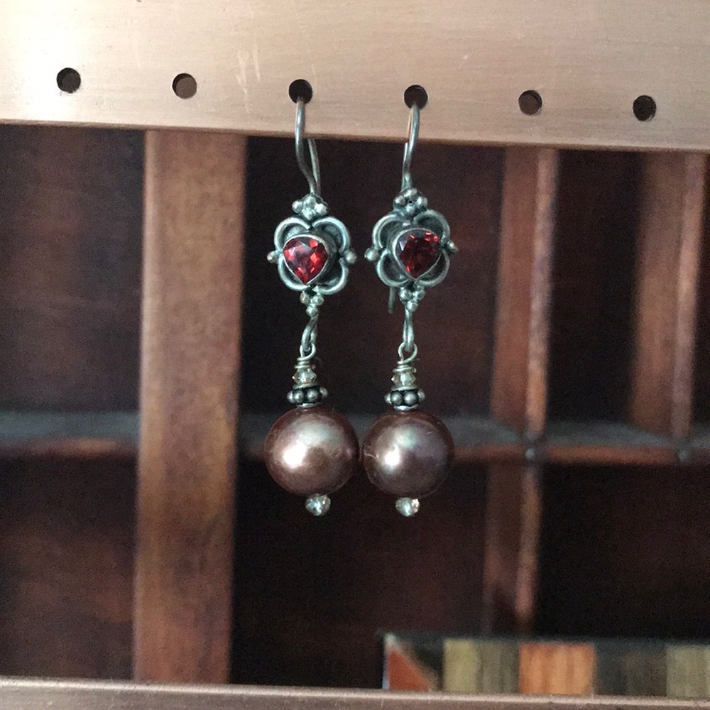 NWT Amber Cultured Pearl & Garnet Sterling Dangle